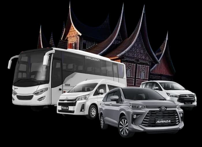 Sewa mobil Padang: bus, Hiace, Avanza dan Innova dengan latar Rumah Gadang